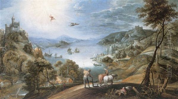 An Extensive Landscape With The Fall Of Icarus Oil Painting by Marten Ryckaert