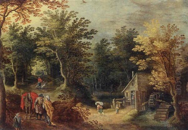 A Gipsy Woman And A Traveller On A Road By A Watermill Oil Painting by Marten Ryckaert