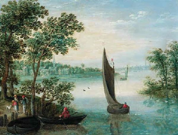 An Extensive River Landscape With Peasants At A Landing, A Town Beyond Oil Painting by Marten Ryckaert