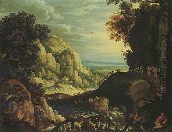 A Mountainous Landscape With Sheperds Piping And Tending Their Coats In The Foreground Oil Painting by Marten Ryckaert