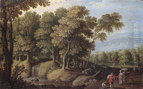 A Wooded Landscsape With Travellers Resting Beside A Pool, A Town On The Hillside Beyond Oil Painting by Marten Ryckaert