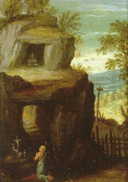 The Penitent Mary Magdalen Adoring A Crucifix In A Rocky Landscape Oil Painting by Marten Ryckaert