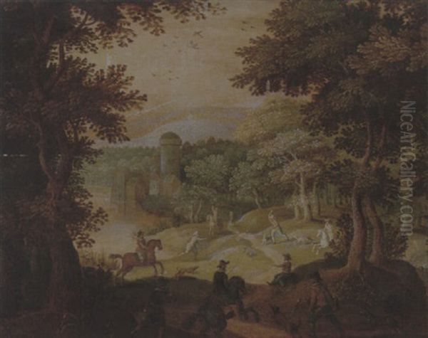 A Wooded Landscape With A Hunting Party At The Edge Of A Lake, A Castle Beyond Oil Painting by Marten Ryckaert