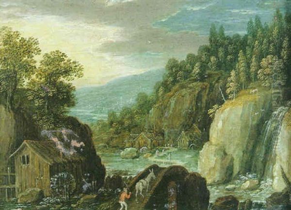 Paysage De Riviere A La Cascade Et Au Moulin A Eau Oil Painting by Marten Ryckaert