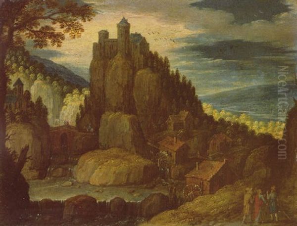 A Mountainous Landscape With Christ On The Road To Emmaus In The Foreground And A Castle On The Mountaintop Beyond by Marten Ryckaert