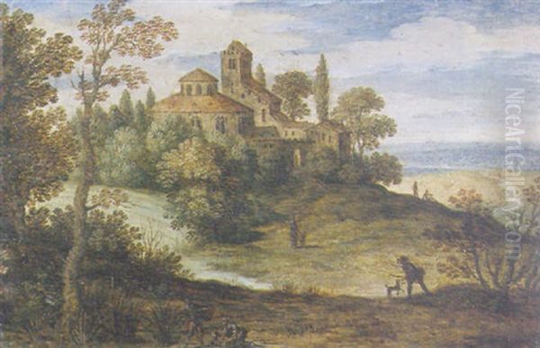 An Italianate Landscape With A Fisherman And His Family, A Monastery On A Hill And A Town In An Extensive Landscape Oil Painting by Marten Ryckaert