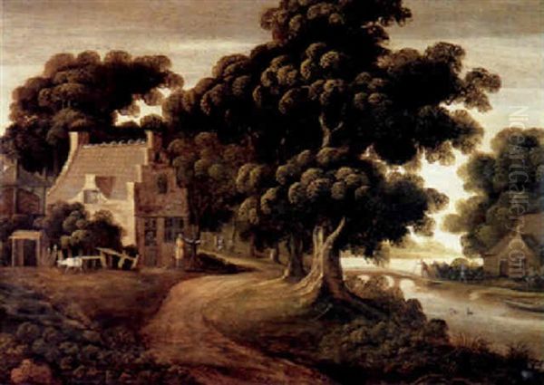 Barns On A Riverbank, A Landscape Beyond Oil Painting by Marten Ryckaert