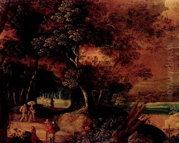 Travellers And Peasants On A Sandy Track In A Wooded Landscape Oil Painting by Marten Ryckaert