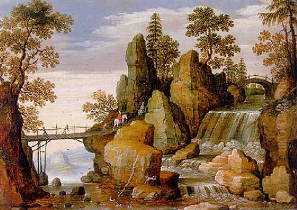 A Mountainous Landscape With Travellers On A Bridge By A Waterfall Oil Painting by Marten Ryckaert