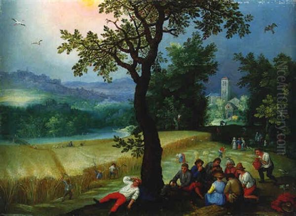 Summer: Harvesters Resting Beneath A Tree, Others At Work In A Cornfield Oil Painting by Marten Ryckaert