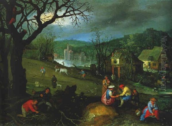 Autumn: Men Gathering Firewood And A Gipsy Fortune-telling Oil Painting by Marten Ryckaert