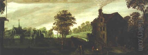 A River Landscape With Clerics On A Track Near A Mill Oil Painting by Marten Ryckaert