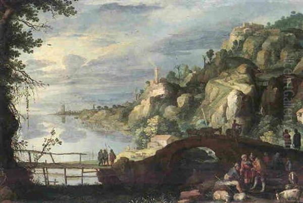 A Rocky River Landscape With Shepherds, Goatherds And Livestock Resting On A Path, Mule Train Crossing A Bridge Beyond Oil Painting by Marten Ryckaert