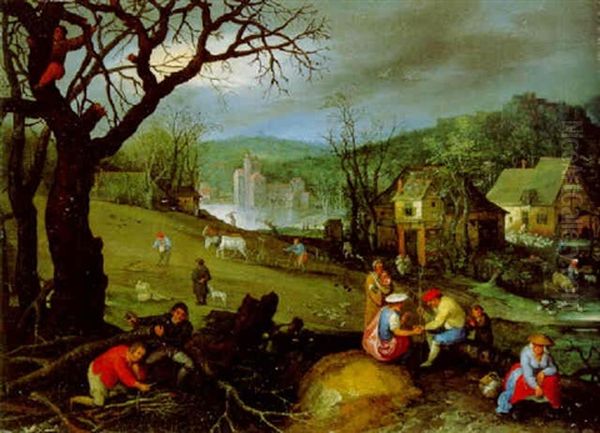 Autumn: Men Gathering Firewood And A Gypsy Fortune-telling Oil Painting by Marten Ryckaert