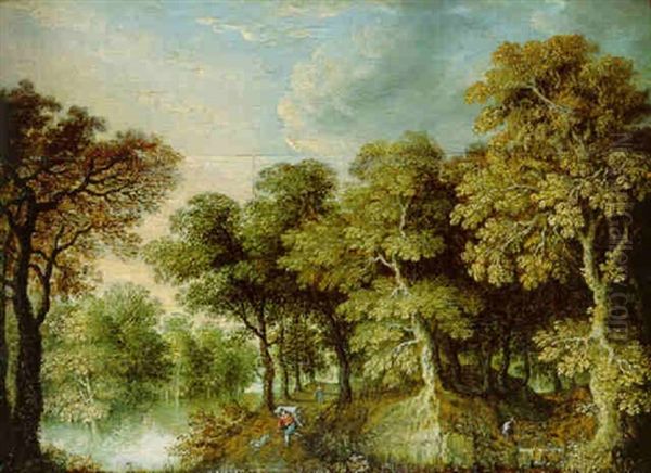 A Wooded River Landscape With A Pedlar And A Dog On A Track And A Stork By A Stream Oil Painting by Marten Ryckaert