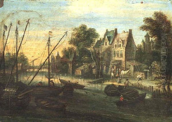 Numerous Sailing Vessels On A River With A Bridge, A Town And A Church Beyond Oil Painting by Marten Ryckaert