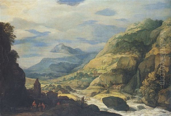 Extensive Mountainous River Landscape With Travellers Oil Painting by Marten Ryckaert