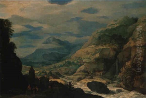 Extensive Mountainous River Landscape With Travellers Oil Painting by Marten Ryckaert