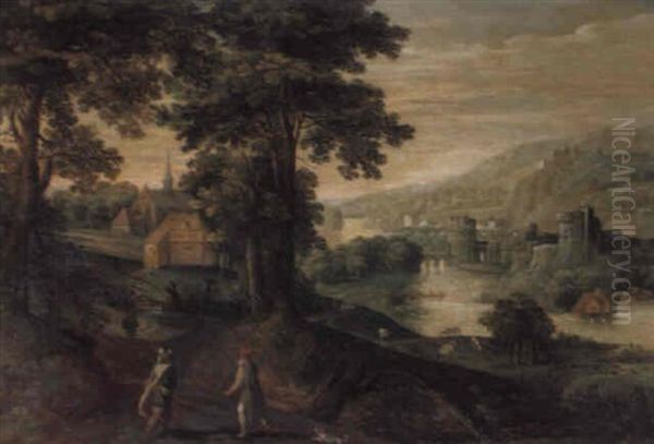 An Extensive River Landscape With Travellers On A Track Near A Hamlet Oil Painting by Marten Ryckaert