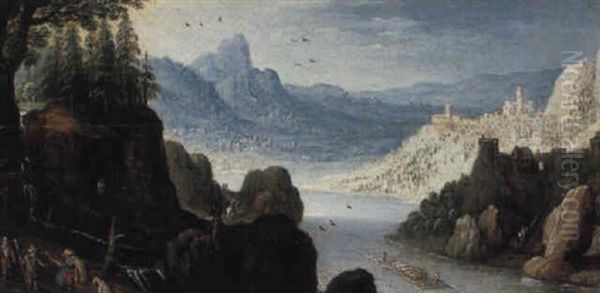 A Mountainous River Landscape With Loggers In The Foreground Oil Painting by Marten Ryckaert