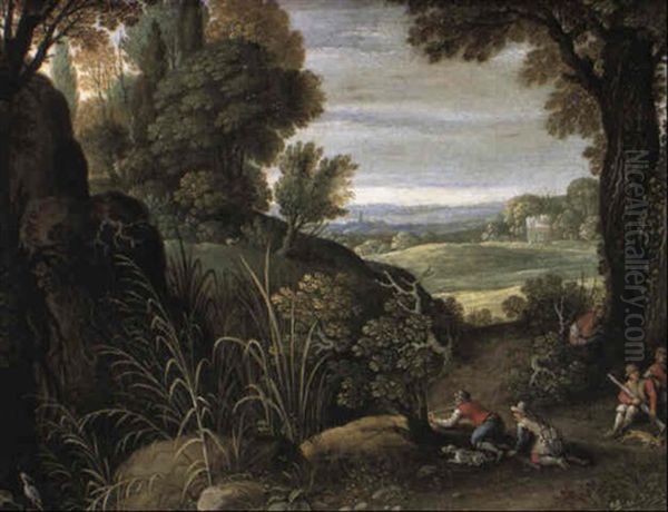 Wooded Landscape With Hunters In The Foreground Oil Painting by Marten Ryckaert