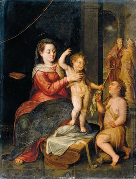 The Virgin And Child In A Classical Setting, St. John The Baptist Kneeling Nearby Oil Painting by Bernaert de Ryckere