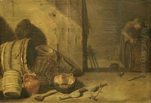 An Interior With A Still Life Of Baskets And Barrels Oil Painting by Franz (Francois) Ryckhals