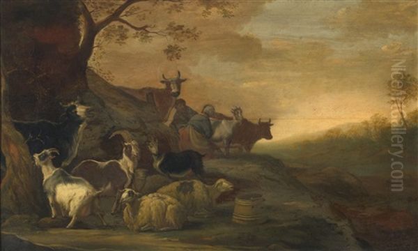 A Landscape With Goats, Sheep And Cows With A Herdsman And A Milkmaid In The Background Oil Painting by Franz (Francois) Ryckhals