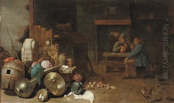 Peasants Drinking And Smoking In A Barn by Franz (Francois) Ryckhals