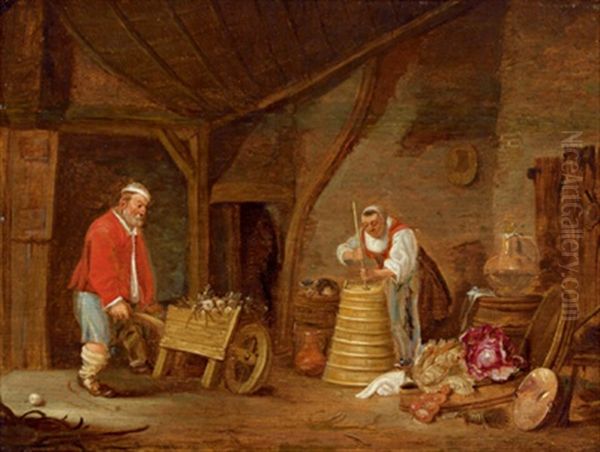 Scheuneninterieur Mit Zwei Personen Oil Painting by Franz (Francois) Ryckhals