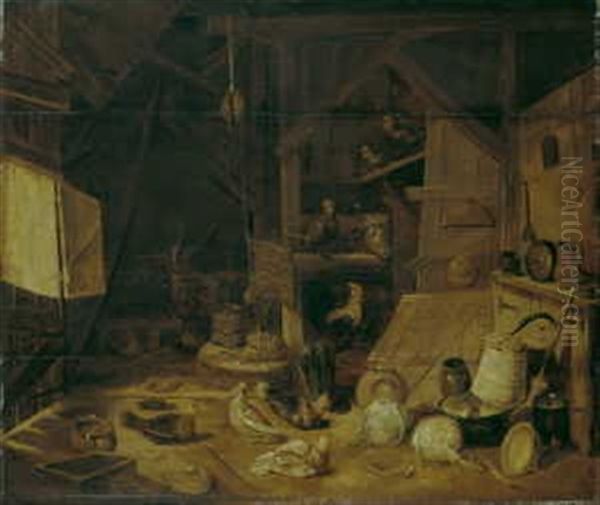 Stallinterieur Mit Rind Und Federvieh Oil Painting by Franz (Francois) Ryckhals