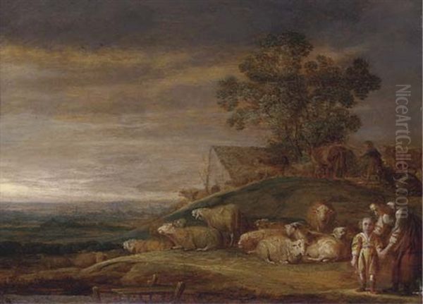 A River Landscape With A Shepherd, His Family And Flock Oil Painting by Franz (Francois) Ryckhals