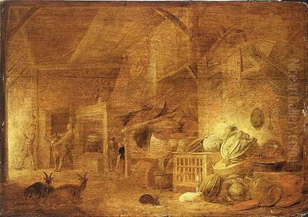 A Barn Still Life With Cabbages, Kitchen Utensils, Poultry In A Cage, Rabbits, Two Goats And Peasants In The Background by Franz (Francois) Ryckhals