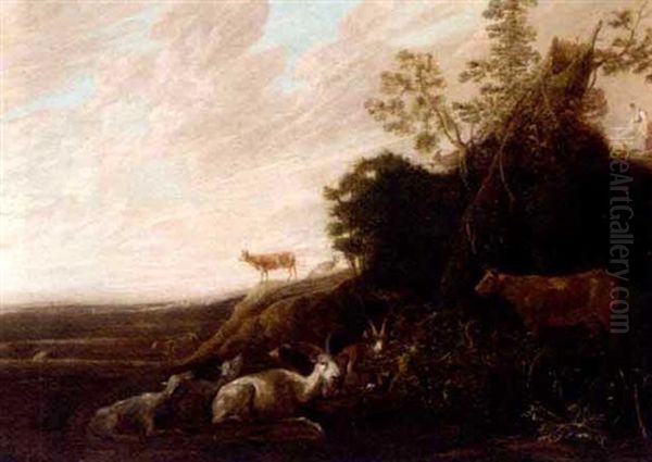 A Landscape With Cattle In Foreground Oil Painting by Franz (Francois) Ryckhals