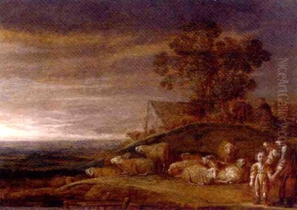 A River Landscape With A Shepherd, His Family And Flock Oil Painting by Franz (Francois) Ryckhals