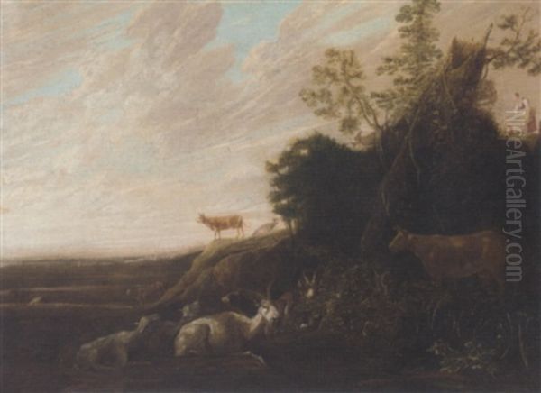 A Landscape With Cattle In The Foreground Oil Painting by Franz (Francois) Ryckhals