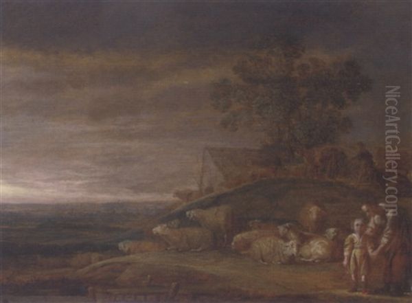 A River Landscape With A Shepherd, His Family And Flock Oil Painting by Franz (Francois) Ryckhals