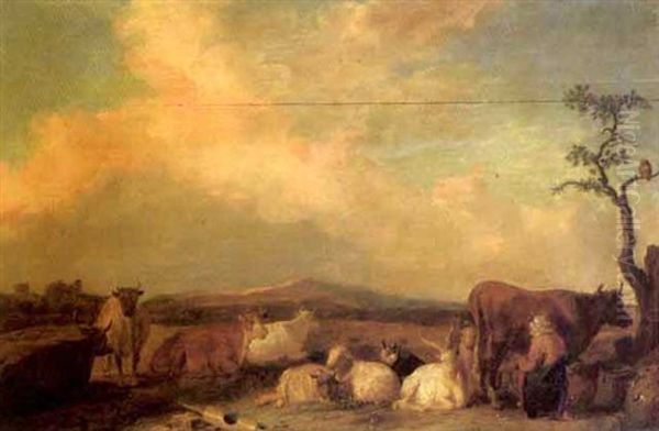 A Milkmaid Milking A Cow With Other Livestock Resting In A Meadow, Hills Beyond Oil Painting by Franz (Francois) Ryckhals