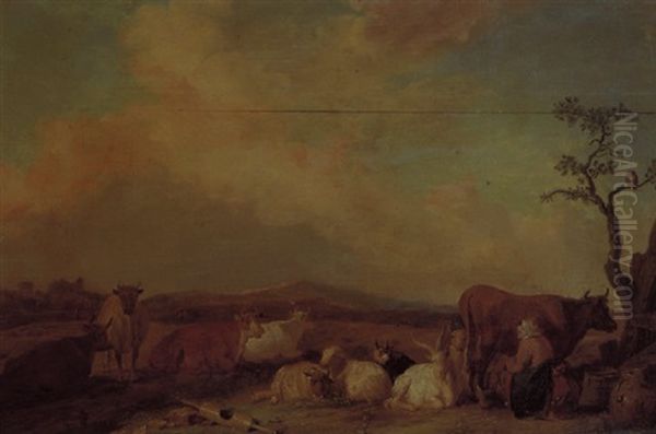 A Milkmaid Milking A Cow With Other Livestock Resting In A Meadow, Hills Beyond Oil Painting by Franz (Francois) Ryckhals