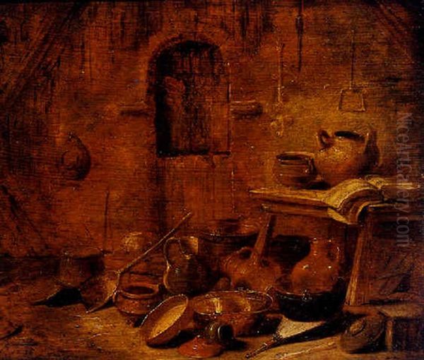 A Kitchen Still Life With A Man Walking Through A Door Oil Painting by Franz (Francois) Ryckhals