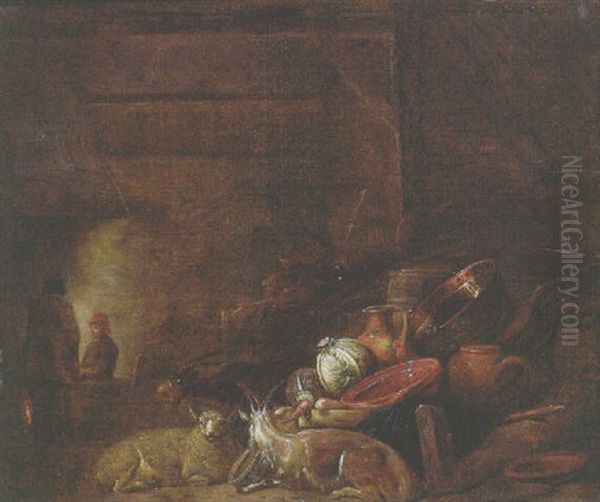 Cabbages, A Copper Bucket And Other Utensils, With A Goat And A Sheep In A Barn, Peasants By A Fire Beyond Oil Painting by Franz (Francois) Ryckhals