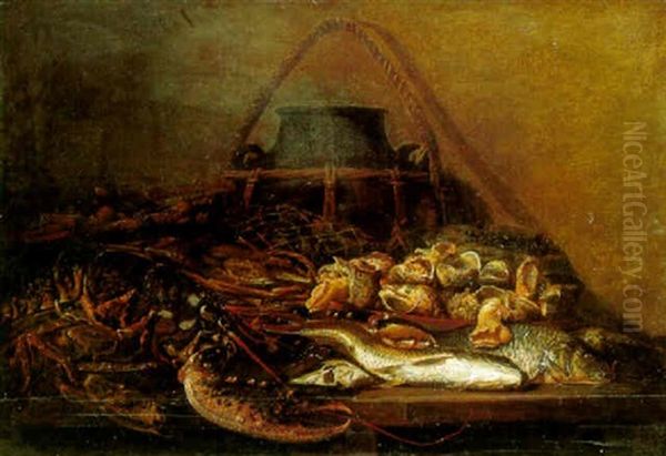 Fish And Shellfish On A Ledge Oil Painting by Franz (Francois) Ryckhals