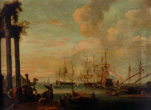 A Coastal Landscape With Merchants And Travellers By A Ruined Arch, Dutch Men-o'-war And Other Shipping Moored In A Calm Beyond Oil Painting by Nicolaes Ryckx