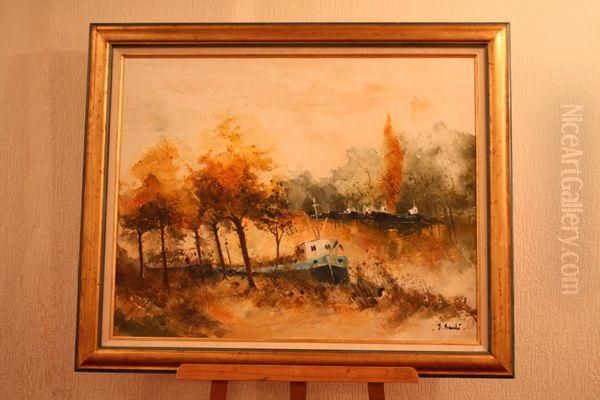 Sur Le Bord Du Canal Oil Painting by E. Bouche