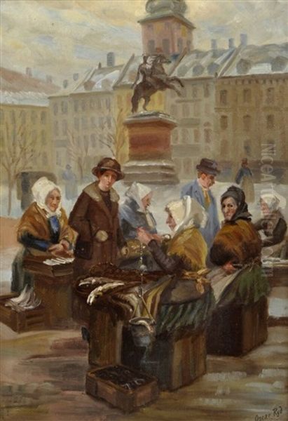 Winterlicher Fischmarkt In Stockholm Oil Painting by Oskar Ryd