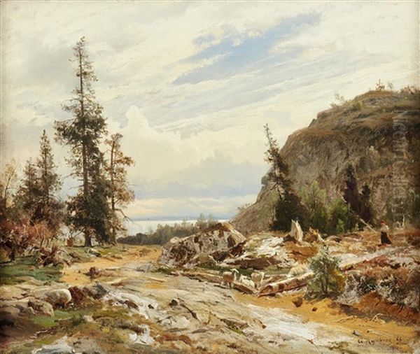 Landskap Med Vallflicka Forande Getter Oil Painting by Gustaf Rydberg