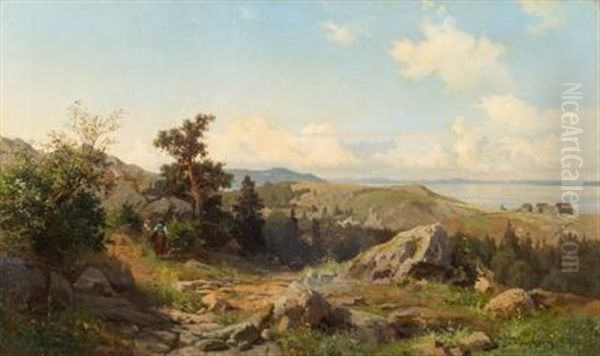 An Extensive Coastal Landscape, Figures Gathering Faggots In The Foreground, A View To A Coastline Beyond Oil Painting by Gustaf Rydberg