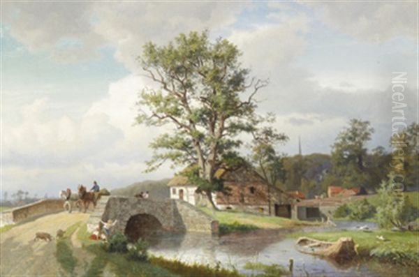 Sommarlandskap Med Bro Och Metande Barn Oil Painting by Gustaf Rydberg