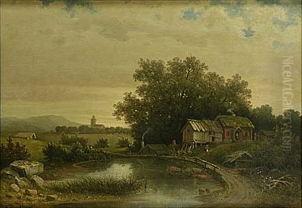 Landskap Med Sjo Och Hus Oil Painting by Gustaf Rydberg