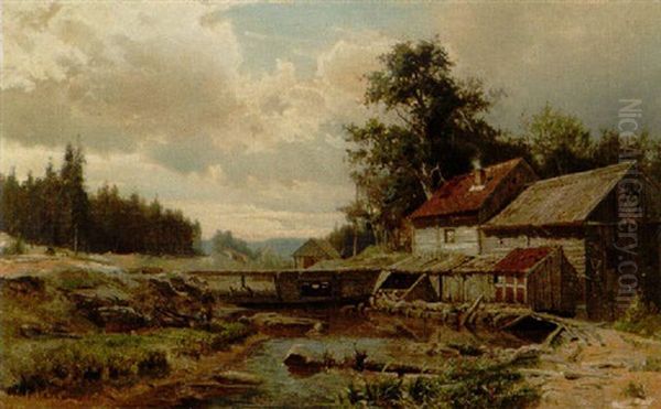 Kvarn Vid Vattendrag Oil Painting by Gustaf Rydberg